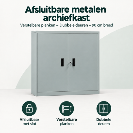 Overzicht van afsluitbare metalen archiefkast met de belangrijkste productvoordelen