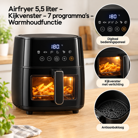 BukkitBow Airfryer 5,5 liter met kijkvenster en 7 programma's, warmhoudfunctie en roestvrijstalen detail.