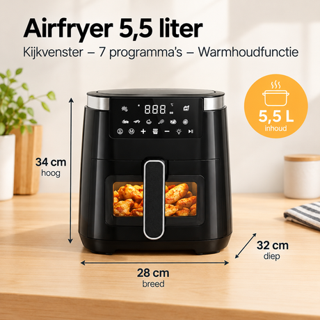 BukkitBow Airfryer van 5,5 liter met kijkvenster, 7 programma's en warmhoudfunctie, zichtbaar in de afbeelding.