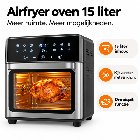 BukkitBow Airfryer oven van 15 liter met kijkvenster, 10 programma’s en draaispit voor het bereiden van diverse gerechten