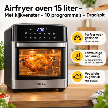 BukkitBow Airfryer oven van 15 liter met kijkvenster, 10 programma’s en draaispit voor veelzijdig koken