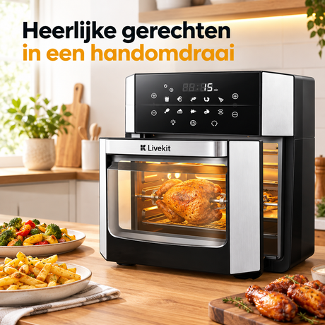 BukkitBow airfryer oven van 15 liter met kijkvenster, 10 programma’s en draaispit voor gezond koken.