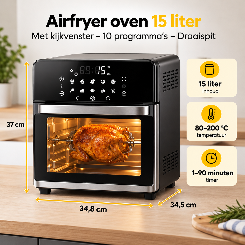 Afmetingen en productspecificaties van airfryer oven 15 liter