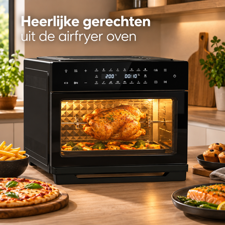 BukkitBow airfryer oven van 30 liter met draai-spit, zwart, 20 programma's en gebruikssituatie in keuken.