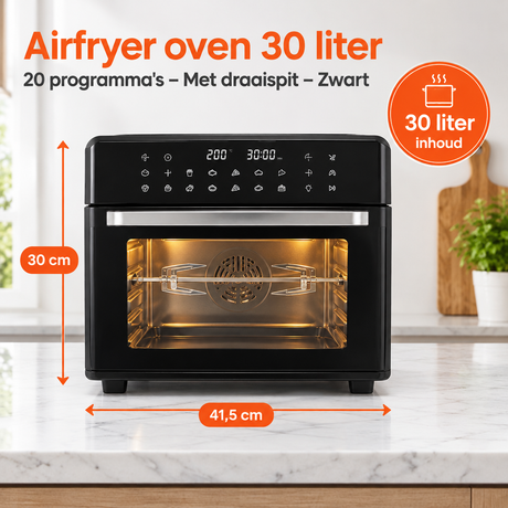 Zwarte BukkitBow Airfryer oven van 30 liter met draaispit en 20 programma's, zichtbaar in de afbeelding.