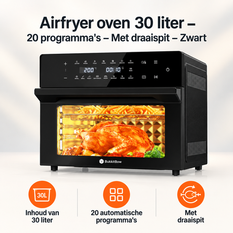 Zwart BukkitBow airfryer oven van 30 liter met draaispit en 20 programma's, overzicht van kernvoordelen op afbeelding.