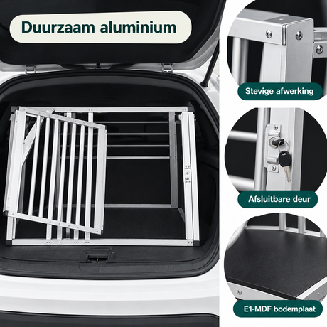 Aluminium hondenbench voor de auto van BukkitBow, geschikt voor middelgrote honden, met afsluitbare deur en 92x65x66 cm maat.