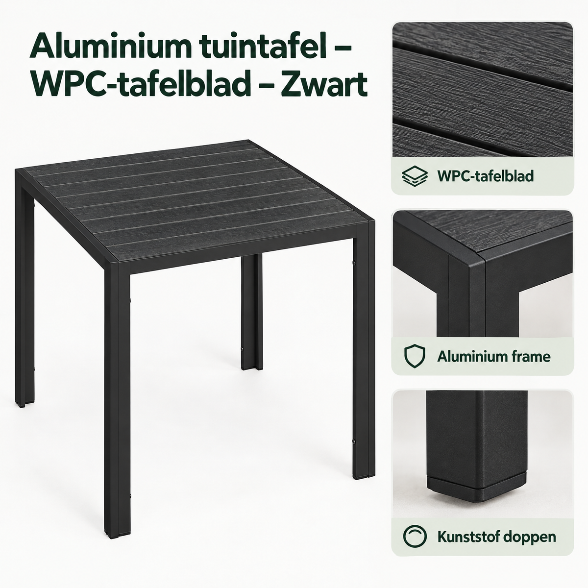 Zwart aluminium tuintafel met WPC-tafelblad, close-up van het materiaal en ontwerp van BukkitBow.