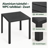 Zwart aluminium tuintafel met WPC-tafelblad, close-up van het materiaal en ontwerp van BukkitBow.