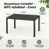 Zwarte aluminium tuintafel met WPC-tafelblad, geschikt voor buiten, door BukkitBow, duidelijke maatvoering en specificaties.