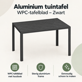 Zwarte aluminium tuintafel met WPC-tafelblad van BukkitBow, geschikt voor buiten, duurzaam en modern design.