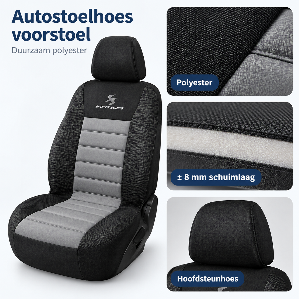 Detail van materiaal en afwerking van autostoelhoes voorstoel
