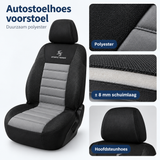 Detail van materiaal en afwerking van autostoelhoes voorstoel