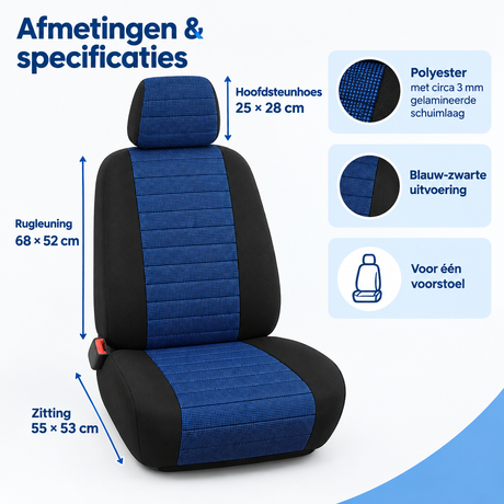 Blauwe autostoelhoes voorstoel van polyester met hoofdsteunhoes, geschikt voor BukkitBow autostoelen, comfortabel en duurzaam.
