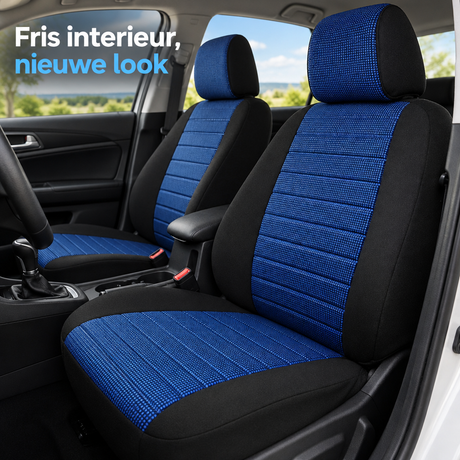 Set van 2 universele autostoelhoezen voorstoelen van polyester, geschikt voor verschillende autostoelen, zichtbaar in de afbeelding.