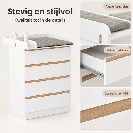 Detail van materiaal en afwerking van babycommode met 4 lades