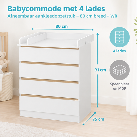 Afmetingen en productspecificaties van babycommode met 4 lades