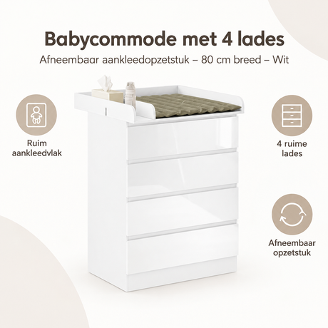 Overzicht van babycommode met 4 lades met de belangrijkste productvoordelen