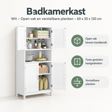 Witte badkamerkast van BukkitBow met open vak en verstelbare planken, afmetingen 60x30x120 cm, voor georganiseerde badkameropbergruimte