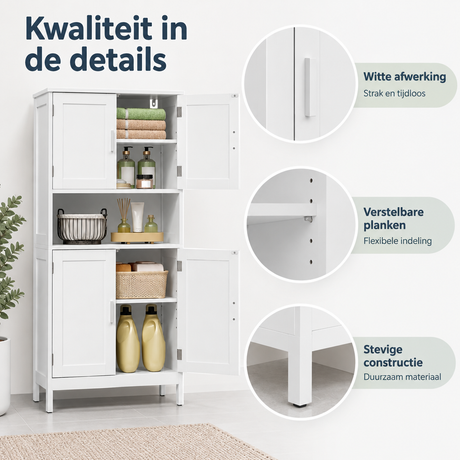 Witte badkamerkast van BukkitBow met open vak en verstelbare planken, afmetingen 60x30x120 cm, details van het materiaal.
