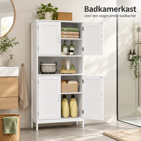 Witte badkamerkast van BukkitBow met open vak en verstelbare planken, afmetingen 60x30x120 cm, geschikt voor badkameropslag