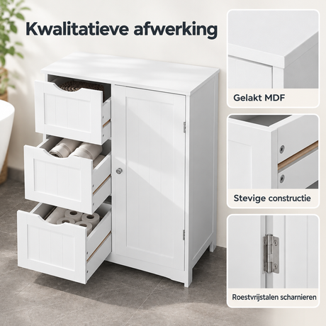Detail van materiaal en afwerking van badkamerkast met 3 lades
