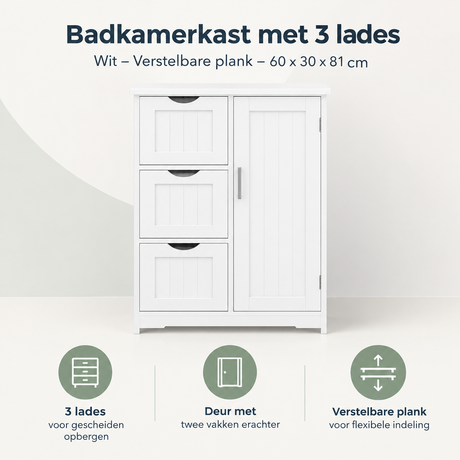 Overzicht van badkamerkast met 3 lades met de belangrijkste productvoordelen