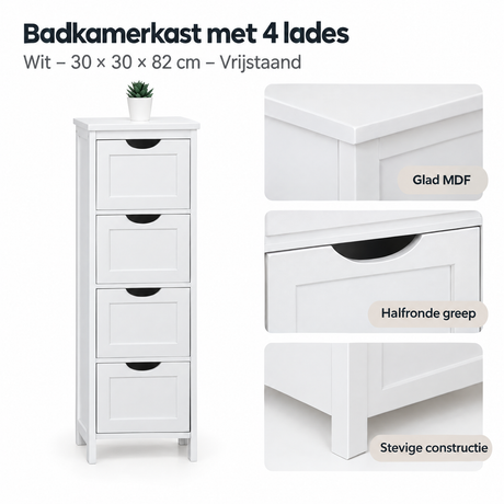 Witte badkamerkast met 4 lades van BukkitBow, vrijstaand, 30x30x82 cm, gedetailleerd zichtbaar in de afbeelding.