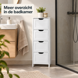 Witte badkamerkast met 4 lades van BukkitBow, vrijstaand, 30x30x82 cm, geschikt voor opbergoplossingen in de badkamer.