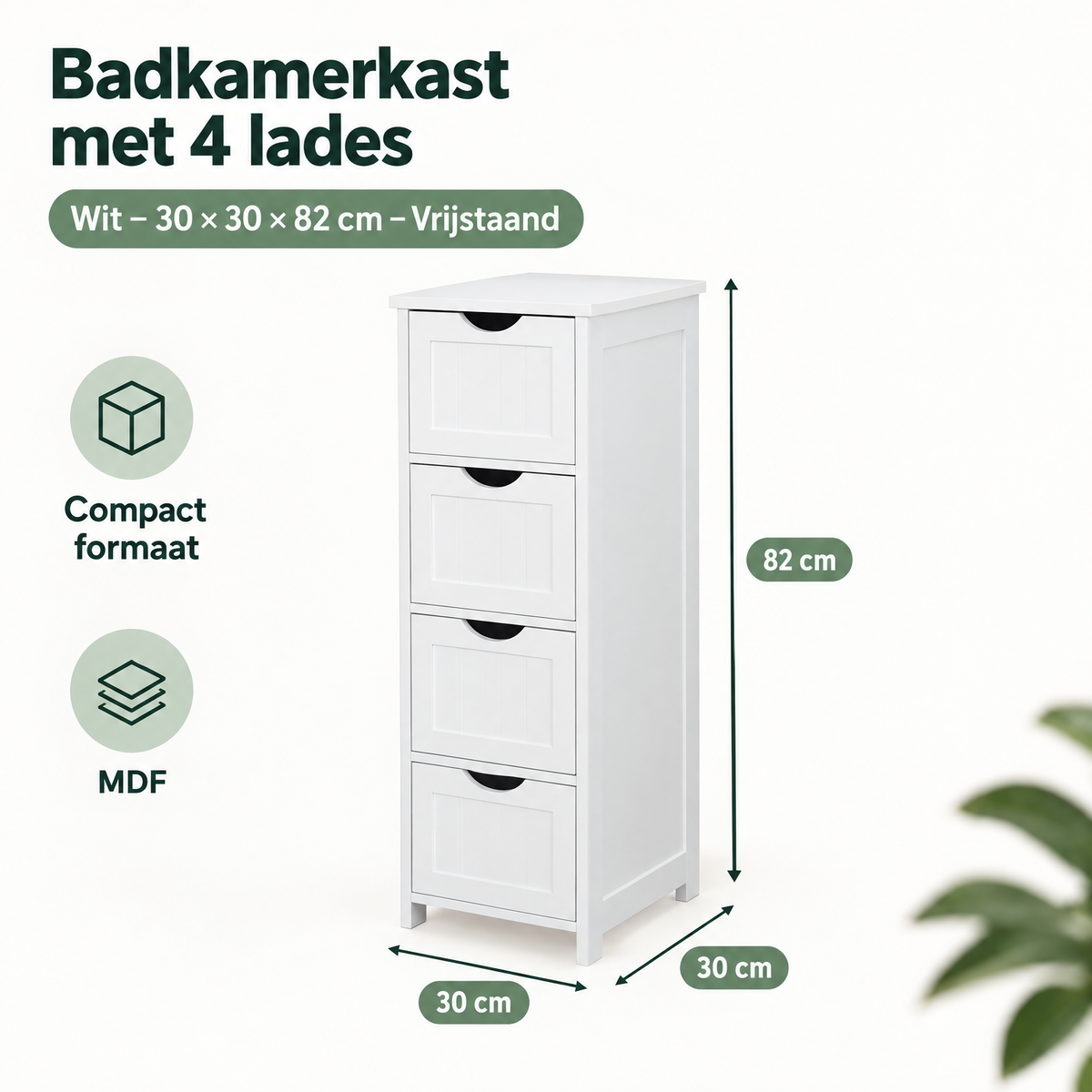 Witte badkamerkast met 4 lades, vrijstaand, afmetingen 30x30x82 cm, van BukkitBow, geschikt voor badkameropbergruimte.