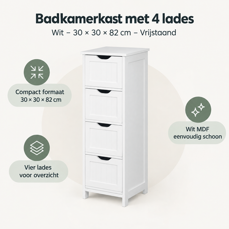Witte badkamerkast met 4 lades, vrijstaand, 30x30x82 cm, van BukkitBow, overzicht van kernvoordelen.