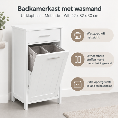 Witte badkamerkast met wasmand en lade, uitklapbaar, afmetingen 42x82x30 cm, van BukkitBow, ideaal voor opbergruimte.