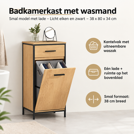 Smalte badkamerkast met wasmand van BukkitBow in licht eiken en zwart, inclusief lade, afmetingen 38x80x34 cm.