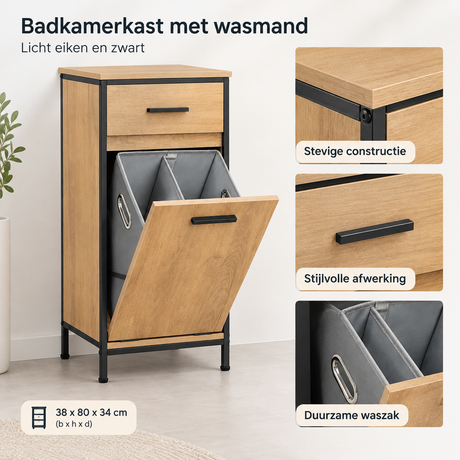 Smal badkamerkast met wasmand van BukkitBow in licht eiken en zwart, met lade, afmeting 38x80x34 cm.
