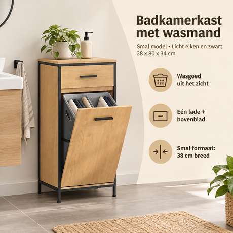 Smalere badkamerkast met wasmand van BukkitBow, licht eiken en zwart, inclusief lade, afmetingen 38x80x34 cm, praktische opbergruimte.