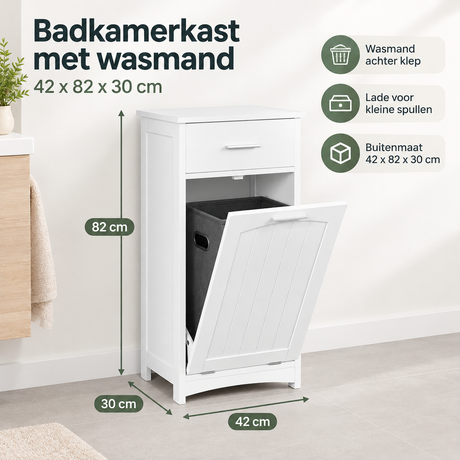 Witte badkamerkast met wasmand en lade, uitklapbaar, afmetingen 42x82x30 cm, van BukkitBow, zichtbaar in de afbeelding.