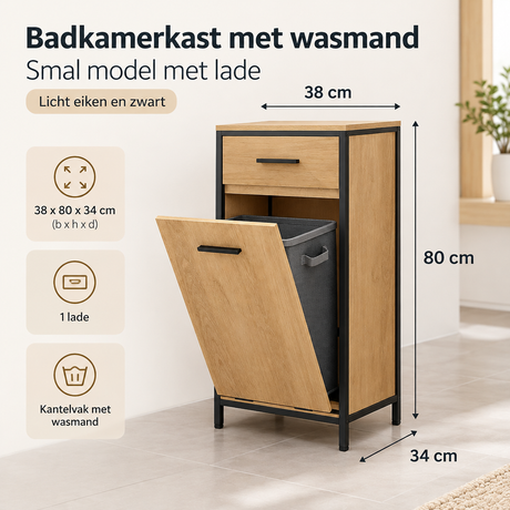 Smalte badkamerkast met wasmand van BukkitBow, licht eiken finish en zwarte details, inclusief lade, afmetingen 38x80x34 cm