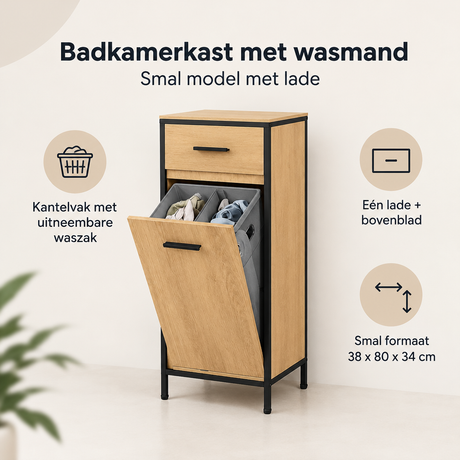 Smal badkamerkast met wasmand van BukkitBow in licht eiken en zwart, inclusief lade, afmetingen 38x80x34 cm.