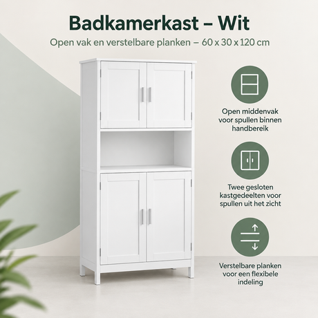 Witte badkamerkast van BukkitBow met open vak en verstelbare planken, afmetingen 60x30x120 cm, overzicht van kernvoordelen.