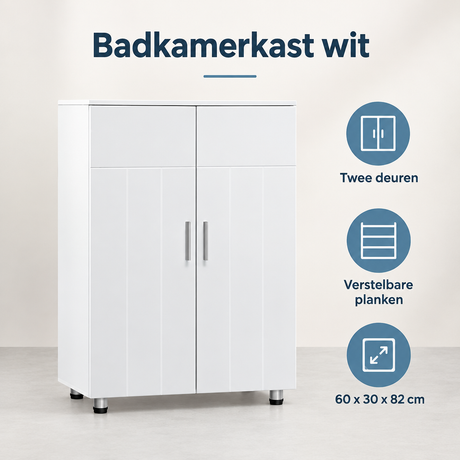 Overzicht van badkamerkast wit met de belangrijkste productvoordelen