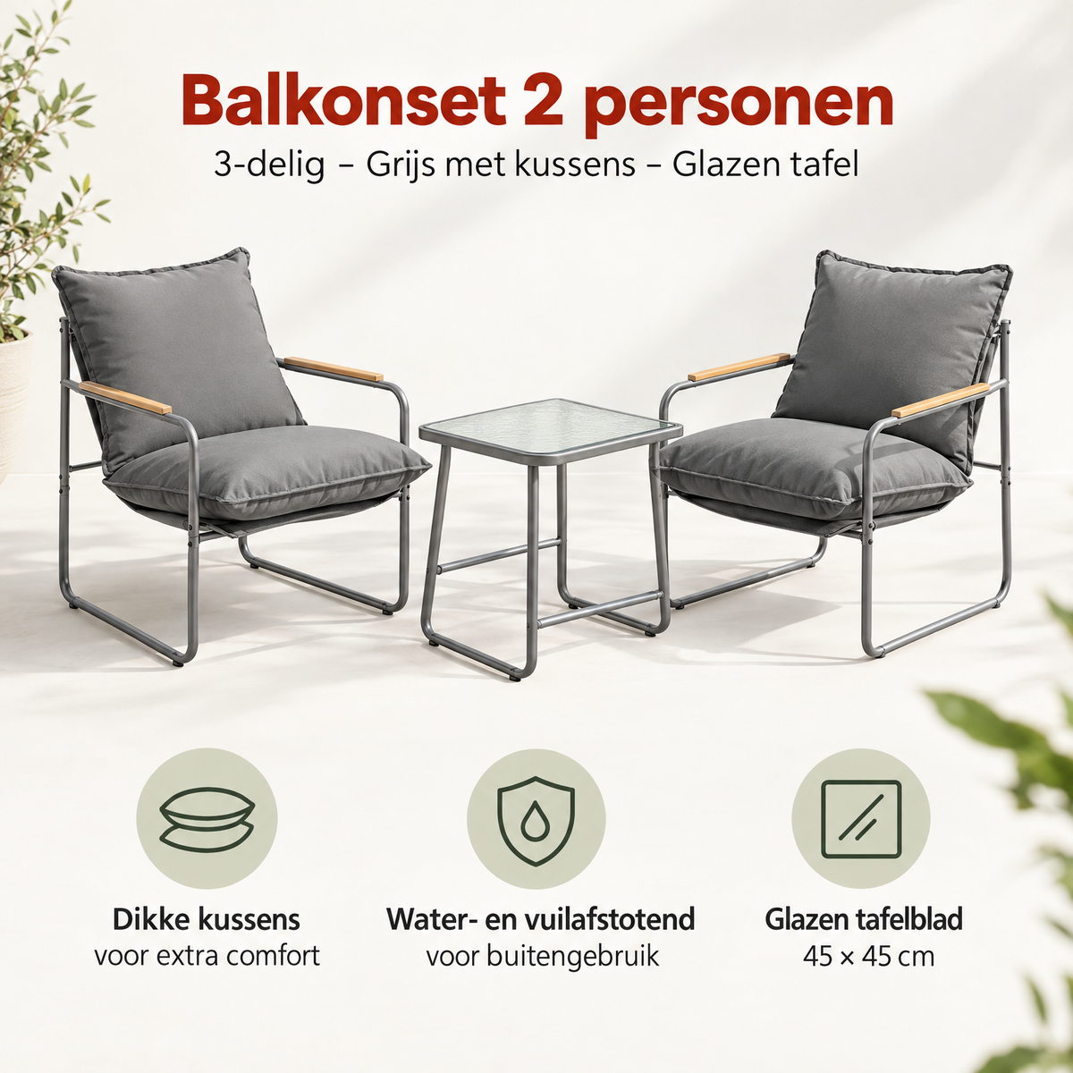 Balkonset voor 2 personen van BukkitBow, 3-delig met grijze stoelen, kussens en glazen tafel op balkon.