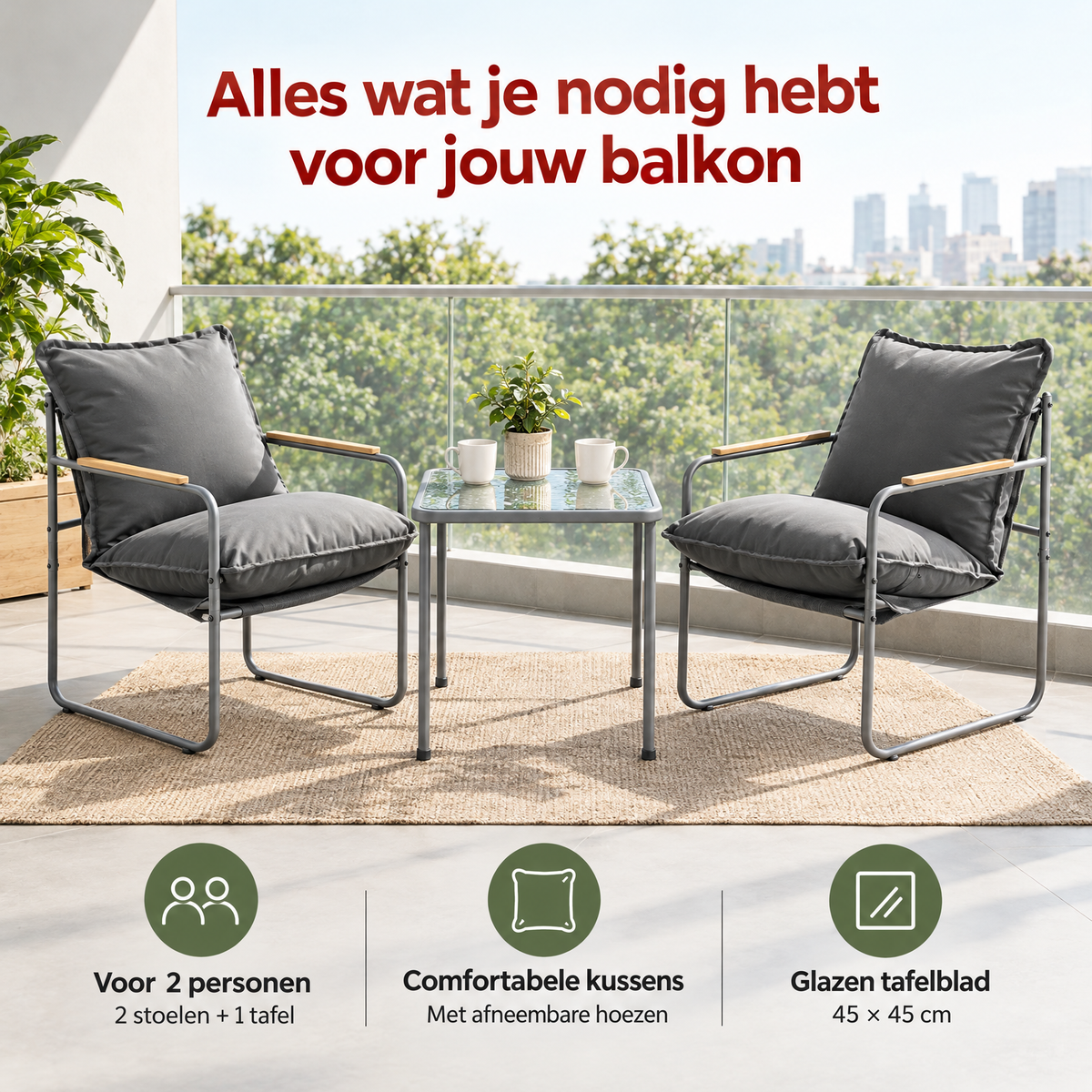 Balkonset voor 2 personen met grijze stoelen, kussens en een glazen tafel, inclusief praktische keuzehulp van BukkitBow.