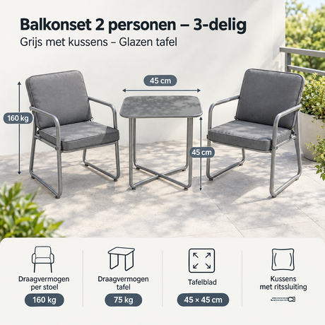 Balkonset voor 2 personen van BukkitBow, 3-delig met grijze kussens en glazen tafel, geschikt voor buitengebruik.
