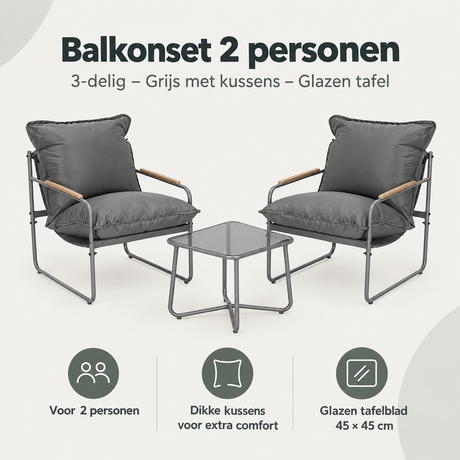 Balkonset voor 2 personen van BukkitBow, 3-delig met grijze stoelen, kussens en glazen tafel, geschikt voor buitengebruik.