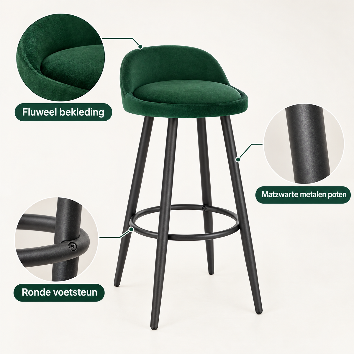 Detail van materiaal en afwerking van barkruk met lage rugleuning