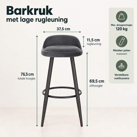 Afmetingen en productspecificaties van barkruk met lage rugleuning