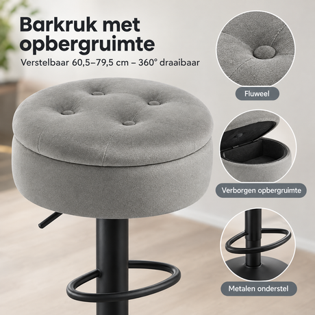 Detail van materiaal en afwerking van barkruk met opbergruimte