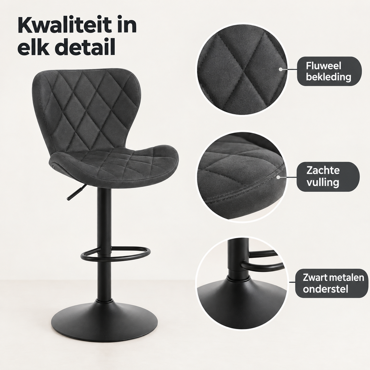 Detail van materiaal en afwerking van barkruk met rugleuning