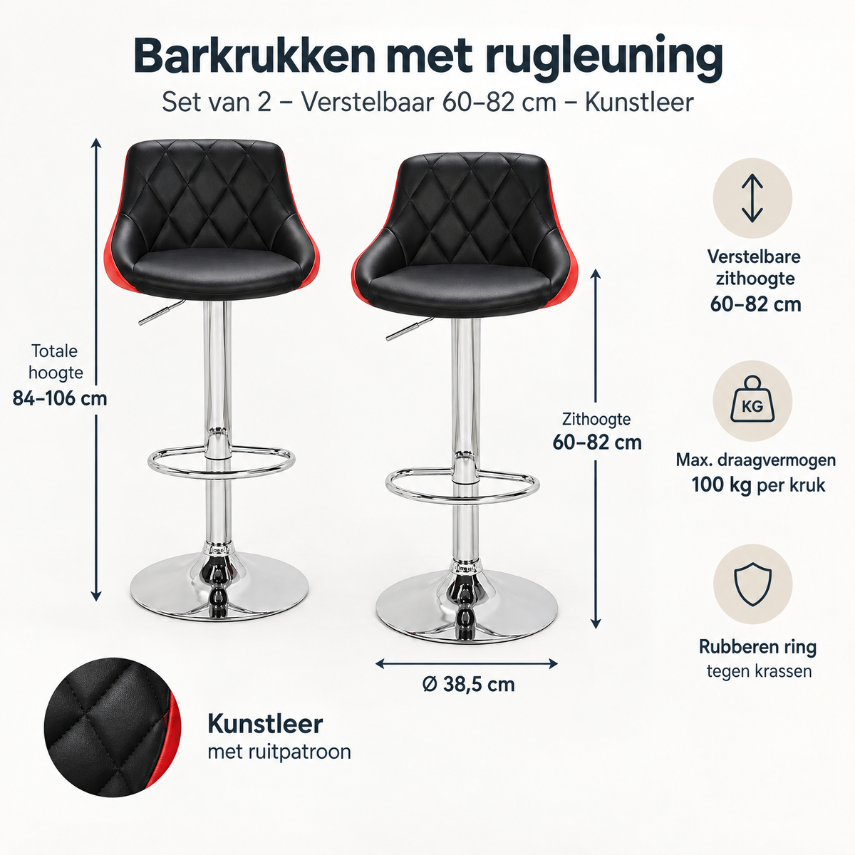 Afmetingen en productspecificaties van barkrukken met rugleuning