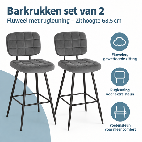 Set van 2 barkrukken van fluweel met rugleuning en zithoogte 68,5 cm, door BukkitBow, elegante en comfortabele barkrukken.